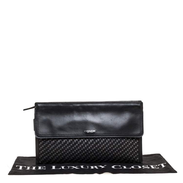 Pre Owned Coach Black/Grey Woven Leather Flap Clutch