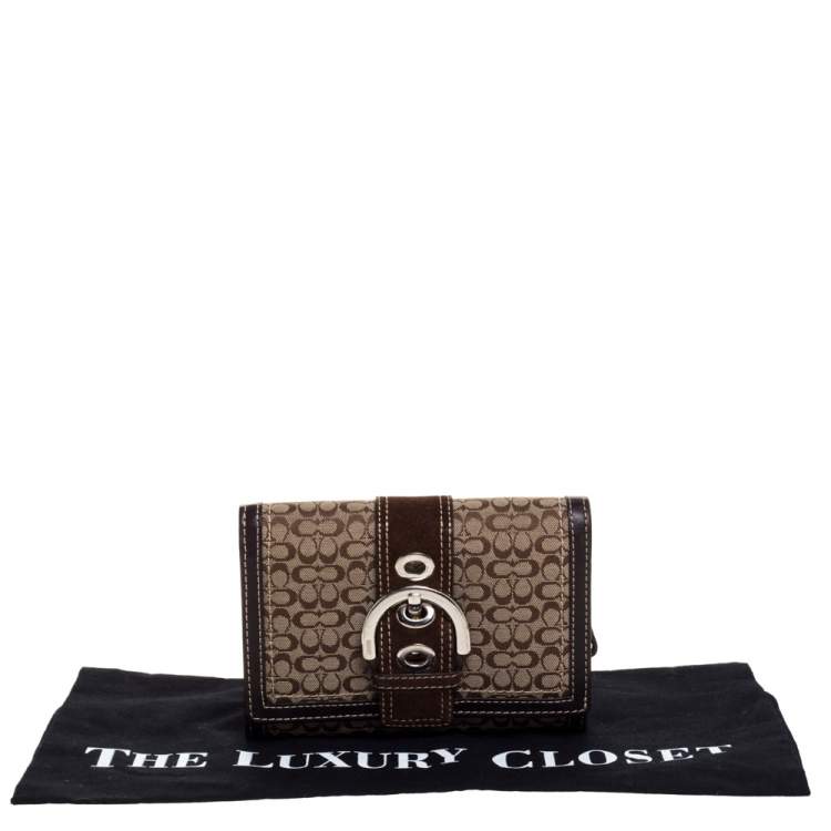 Pre Owned Coach Brown Signature Buckle Flap Compact Wallet