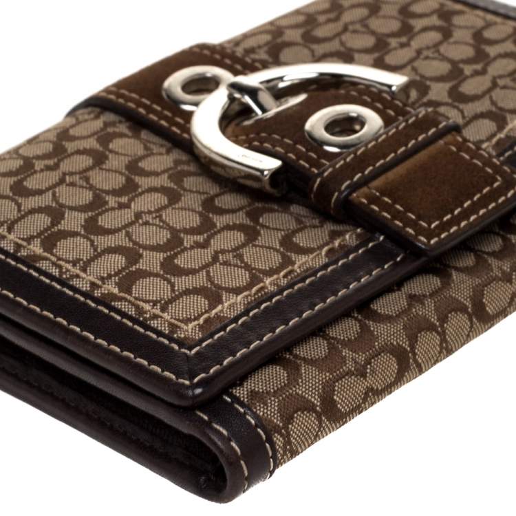 Pre Owned Coach Brown Signature Buckle Flap Compact Wallet