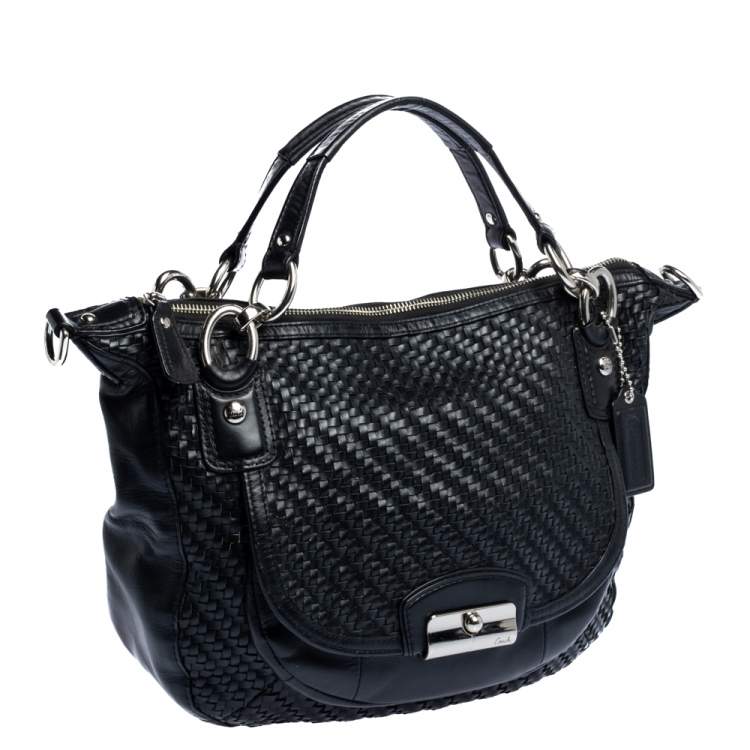 Pre Owned Coach Black Woven Leather Kristin Shoulder Bag