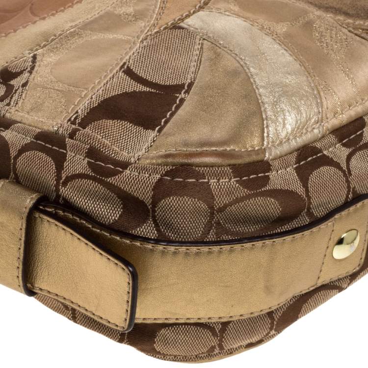 Pre Owned Coach Beige/Metallic Signature Patched Canvas and Leather Hobo