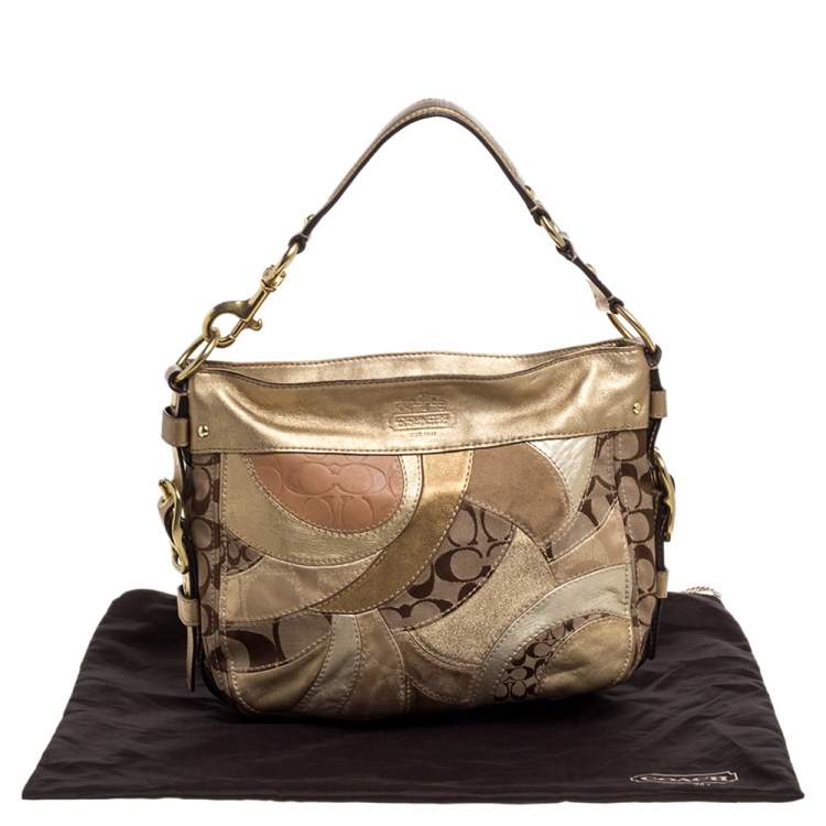 Pre Owned Coach Beige/Metallic Signature Patched Canvas and Leather Hobo