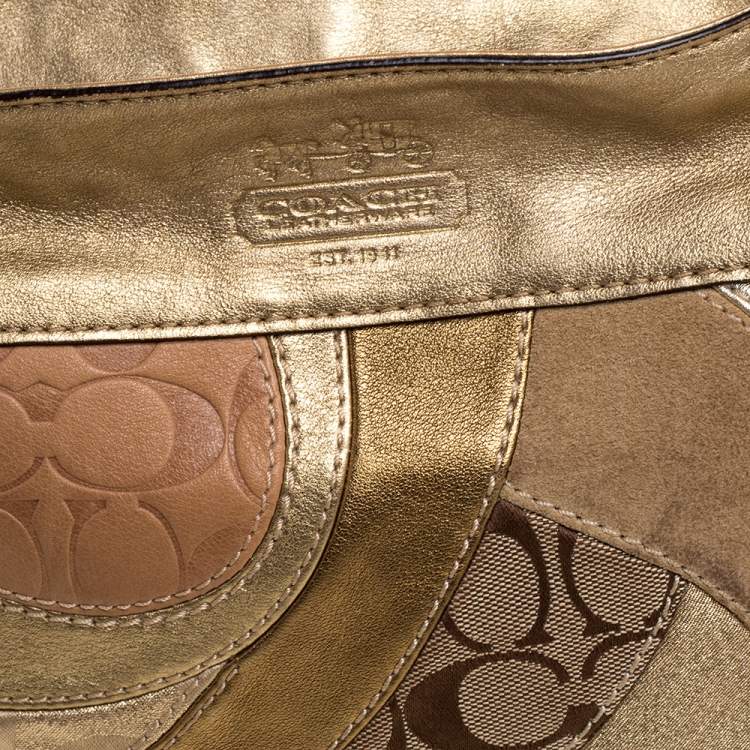 Pre Owned Coach Beige/Metallic Signature Patched Canvas and Leather Hobo
