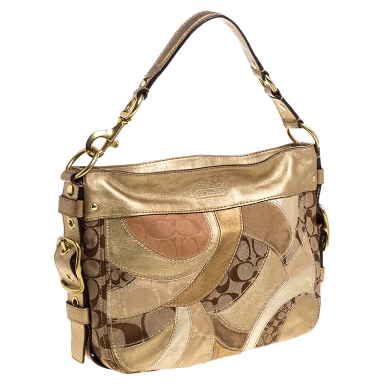 Pre Owned Coach Beige/Metallic Signature Patched Canvas and Leather Hobo