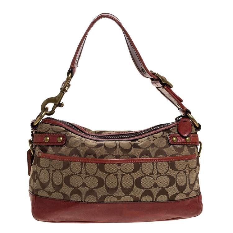 Pre Owned Coach Beige/Pale Red Signature Canvas and Leather Hobo
