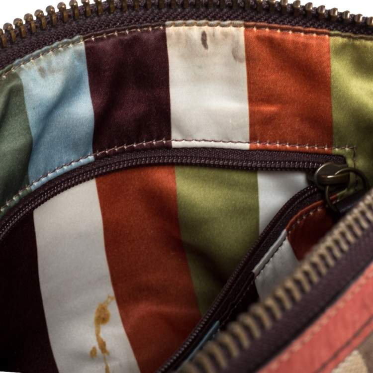 Pre Owned Coach Beige/Pale Red Signature Canvas and Leather Hobo