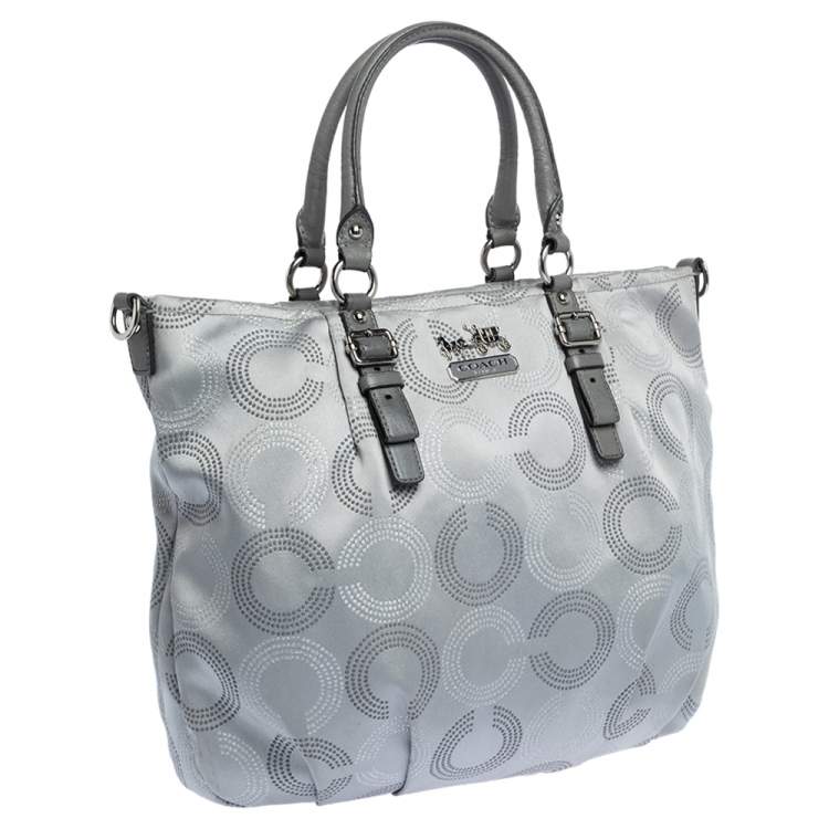 Pre Owned Coach Metallic Grey Op Art Nylon and Leather Satchel