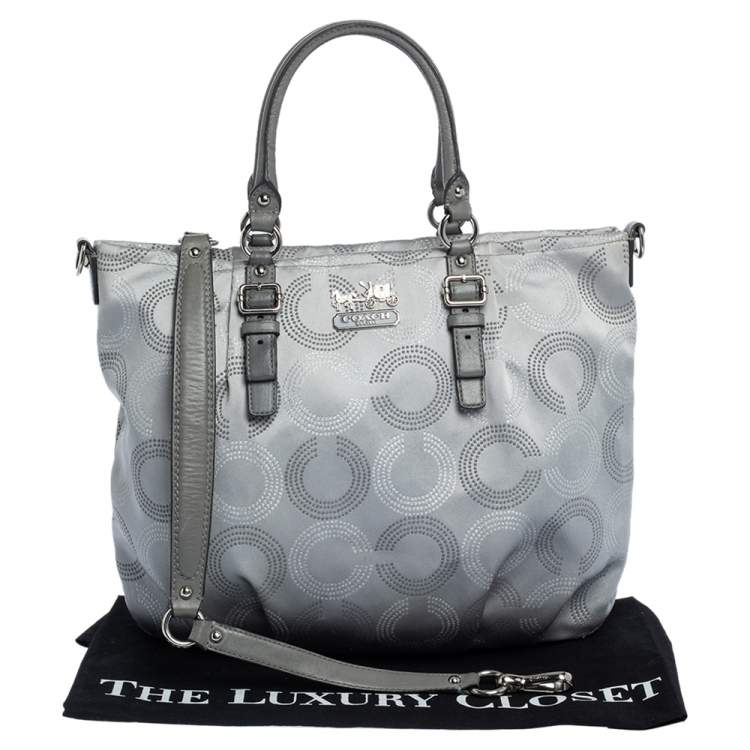 Pre Owned Coach Metallic Grey Op Art Nylon and Leather Satchel