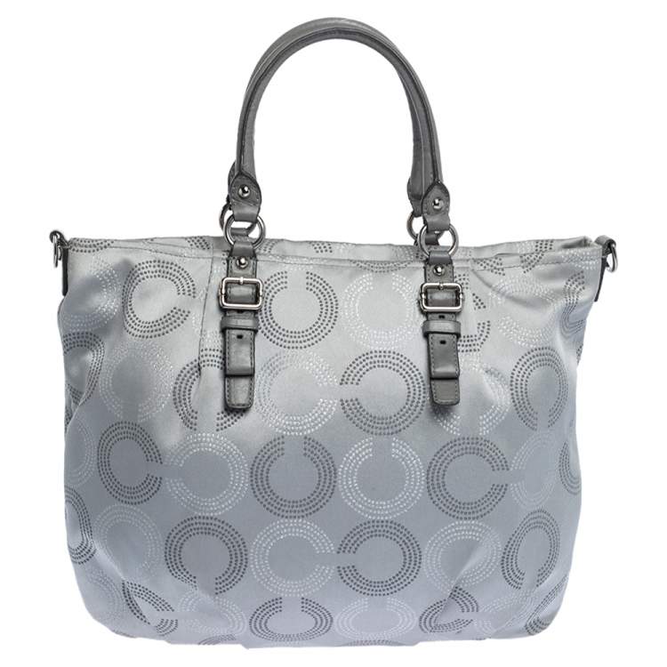 Pre Owned Coach Metallic Grey Op Art Nylon and Leather Satchel