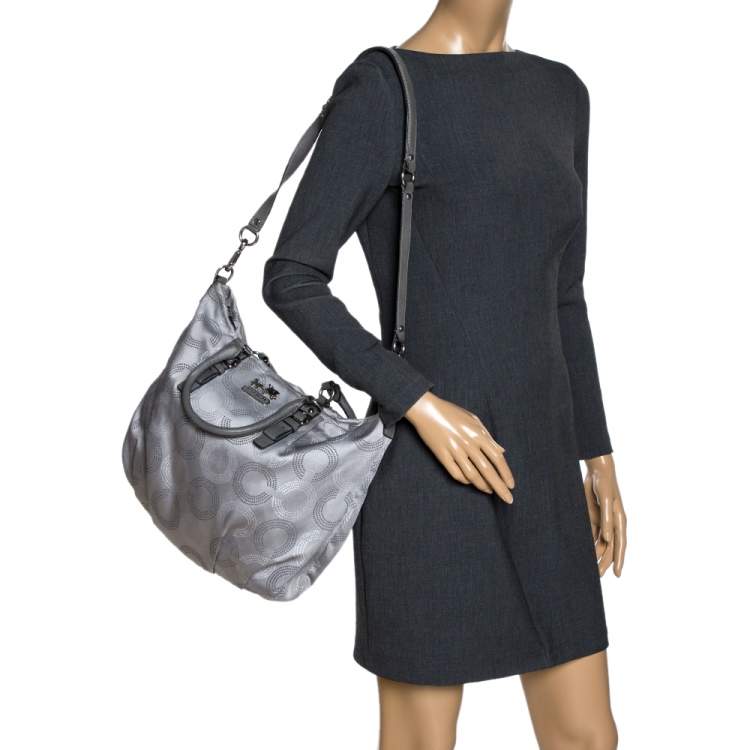 Pre Owned Coach Metallic Grey Op Art Nylon and Leather Satchel