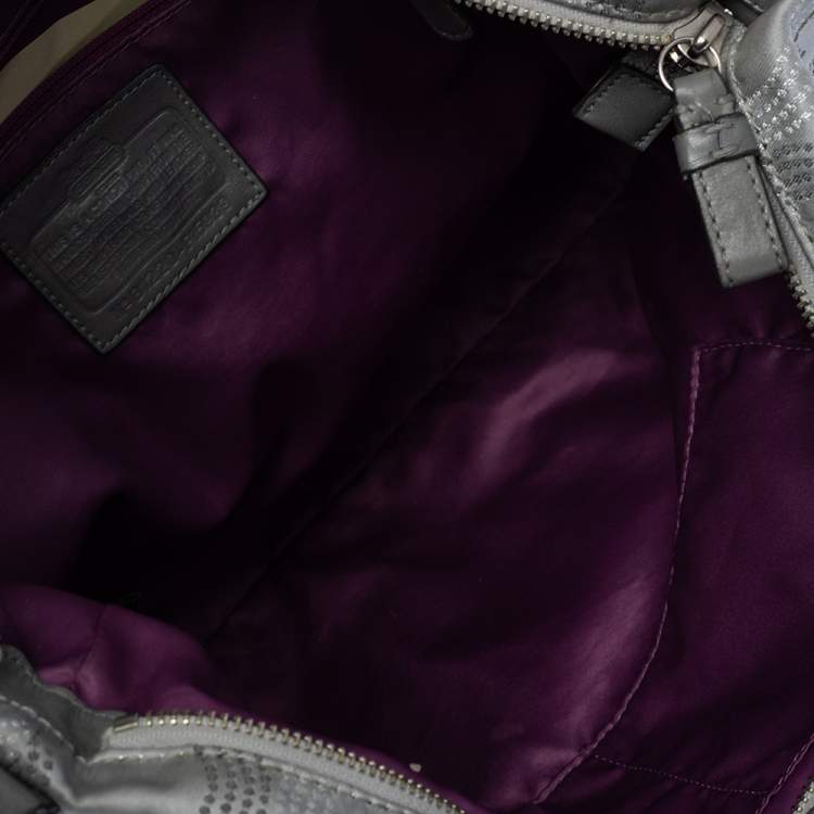 Pre Owned Coach Metallic Grey Op Art Nylon and Leather Satchel