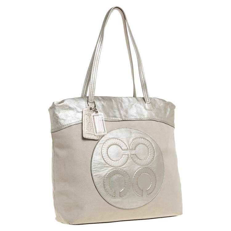 Pre Owned Coach Metallic Gold Canvas and Leather Tote