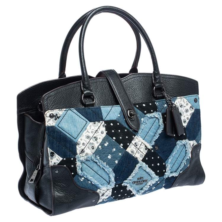 Pre Owned Coach Black/Blue Leather and Denim Patchwork Tote 