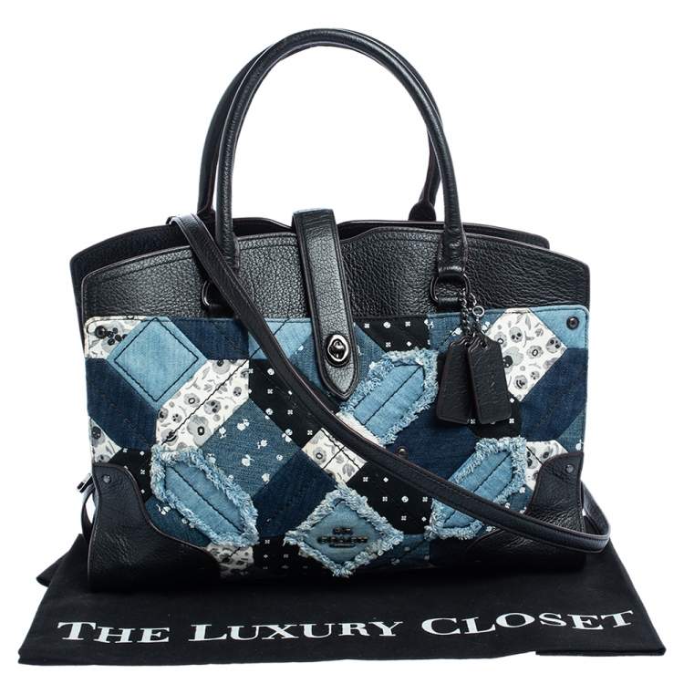 Pre Owned Coach Black/Blue Leather and Denim Patchwork Tote 