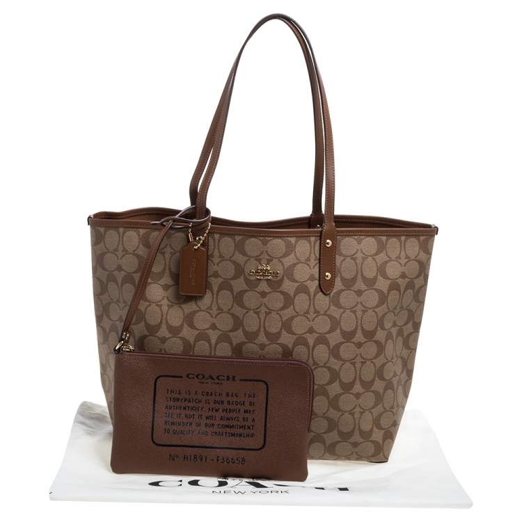 Pre Owned Coach Beige/Brown Coated Canvas and Leather Reversible City Tote