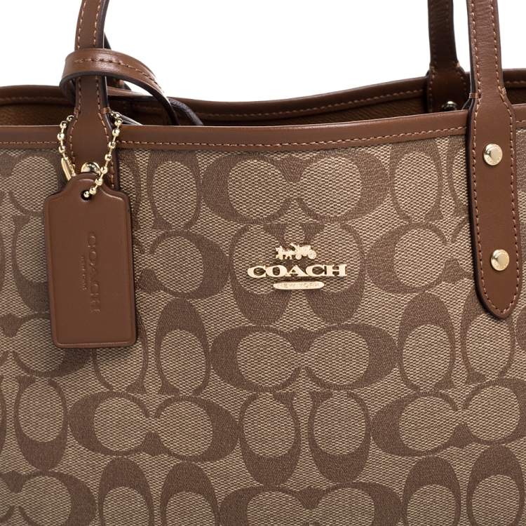 Pre Owned Coach Beige/Brown Coated Canvas and Leather Reversible City Tote