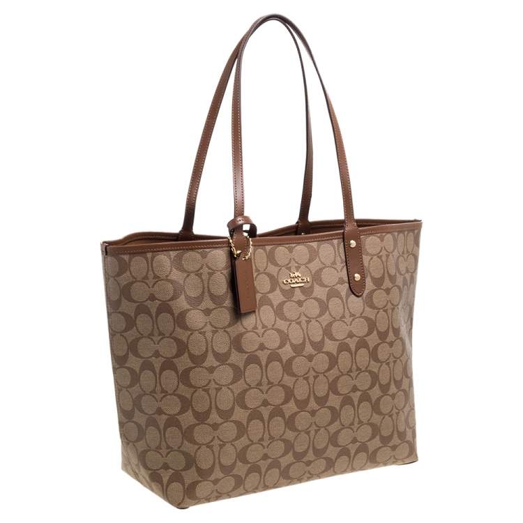 Pre Owned Coach Beige/Brown Coated Canvas and Leather Reversible City Tote