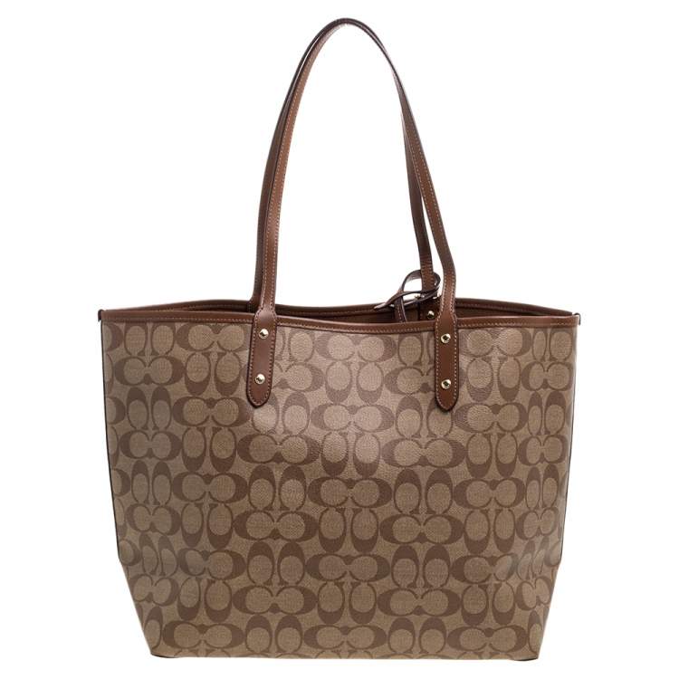 Pre Owned Coach Beige/Brown Coated Canvas and Leather Reversible City Tote