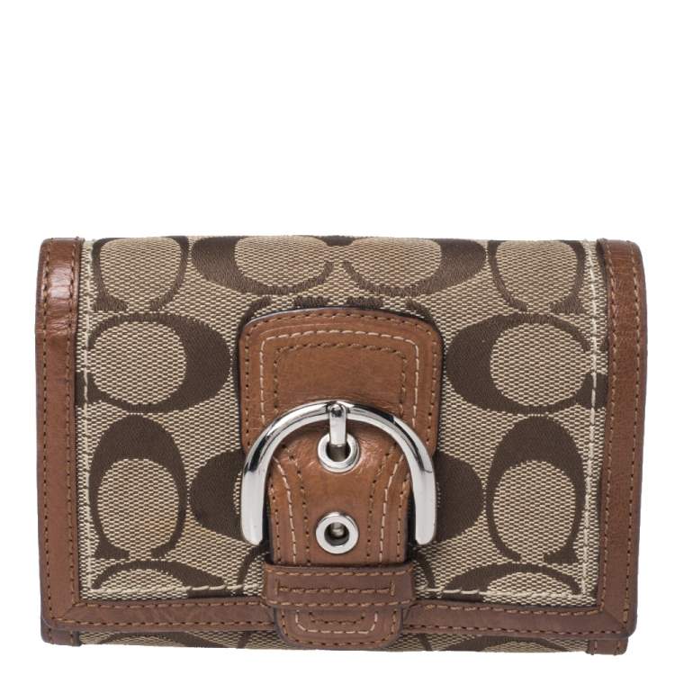 Coach Brown Signature Canvas and Leather Buckle Flap Compact Wallet Coach |  The Luxury Closet