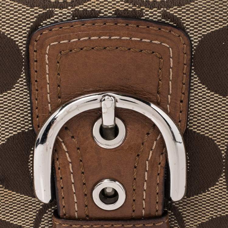 Pre Owned Coach Brown Signature Canvas and Leather Buckle Flap Compact Wallet