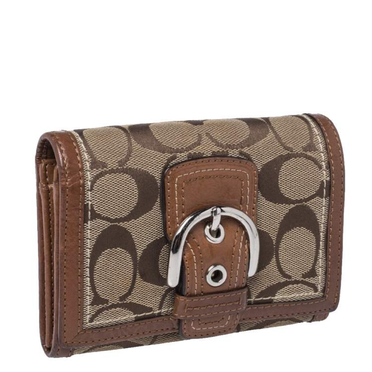 Pre Owned Coach Brown Signature Canvas and Leather Buckle Flap Compact Wallet
