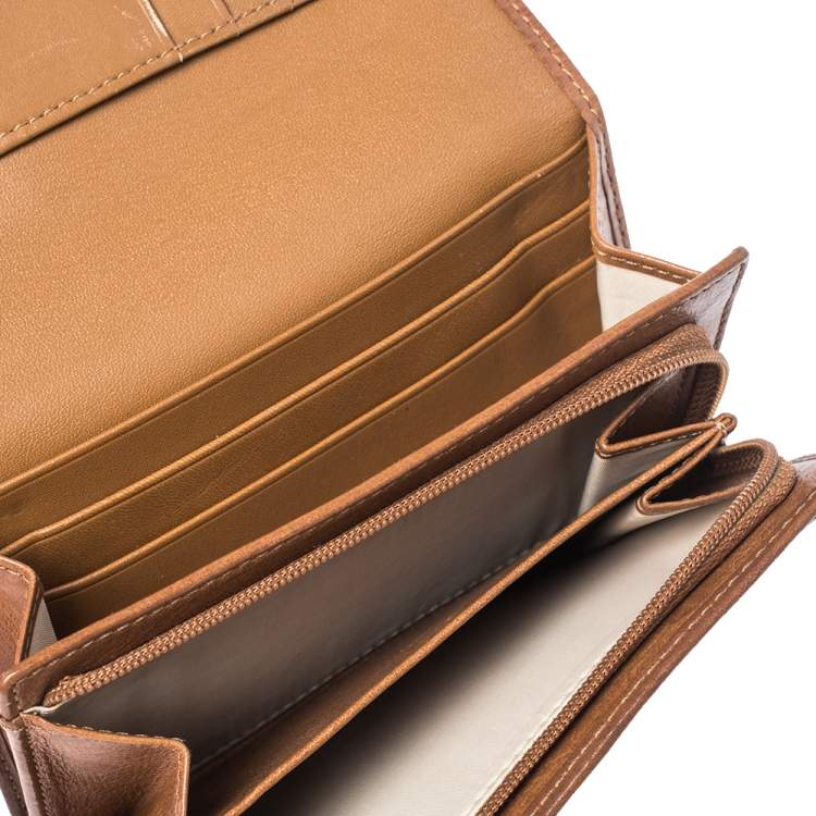 Pre Owned Coach Brown Signature Canvas and Leather Buckle Flap Compact Wallet
