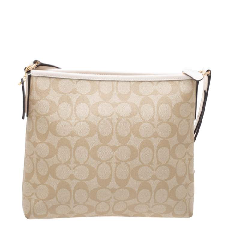 Pre Owned Coach Beige/Cream Signature Coated Canvas and Leather Messenger Bag