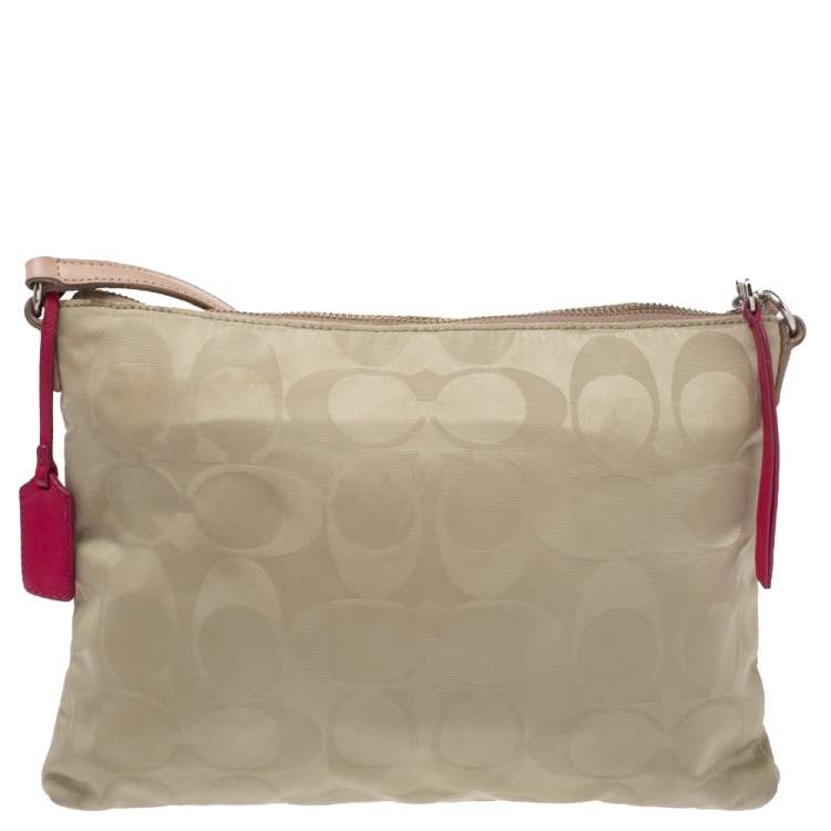 Pre Owned Coach Beige/Pink Nylon and Leather Crossbody Bag