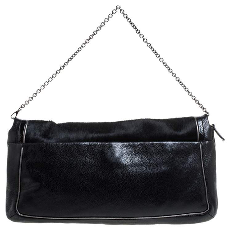 Pre Owned Coach Black Calfhair and Leather Flap Chain Clutch