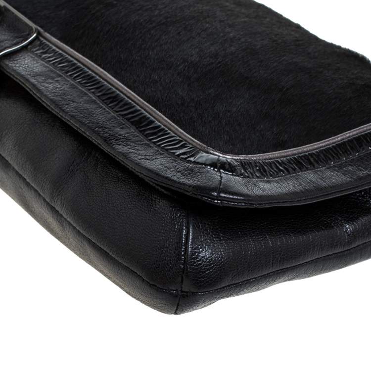 Pre Owned Coach Black Calfhair and Leather Flap Chain Clutch