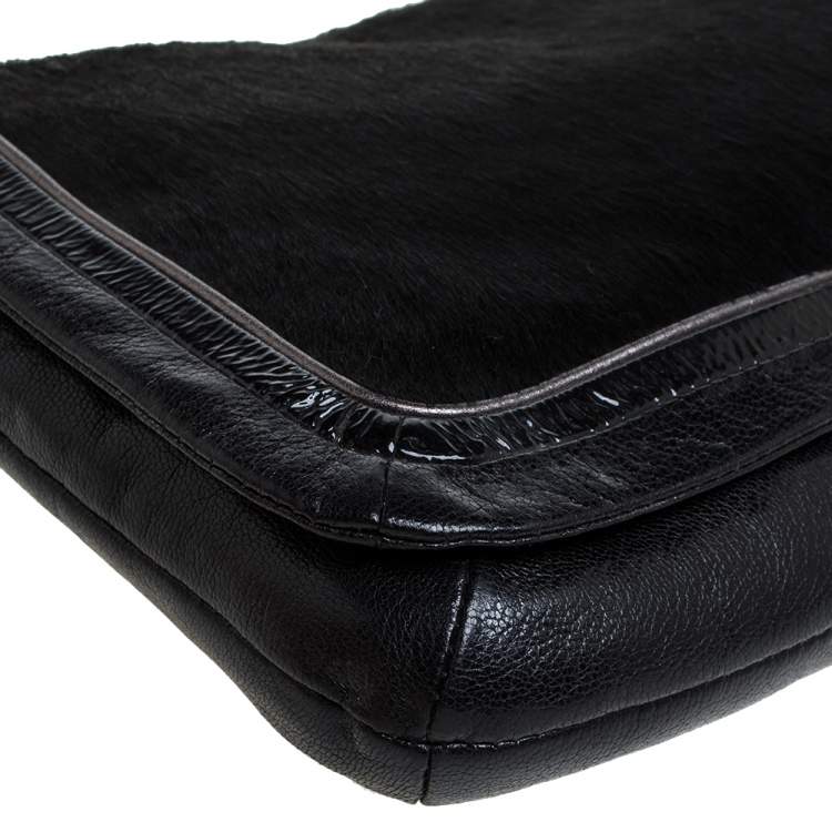 Pre Owned Coach Black Calfhair and Leather Flap Chain Clutch