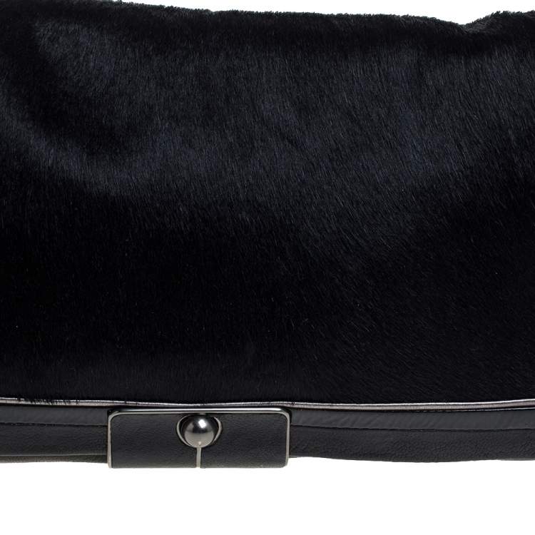 Pre Owned Coach Black Calfhair and Leather Flap Chain Clutch