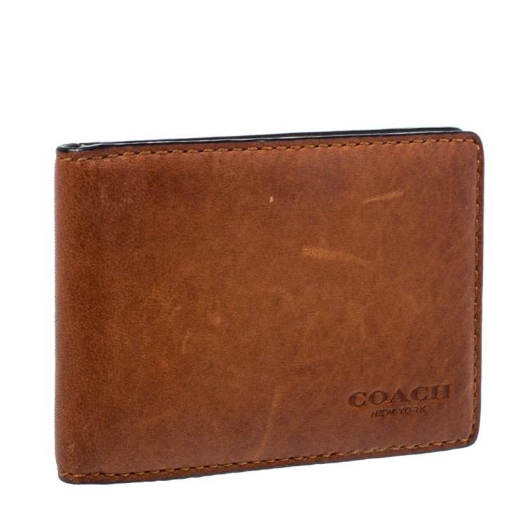 Pre Owned Coach Brown Leather Bifold Card Holder 