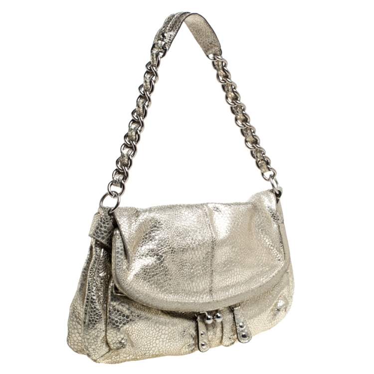 Pre Owned Coach Gold Textured Leather Frame Fold Over Hobo