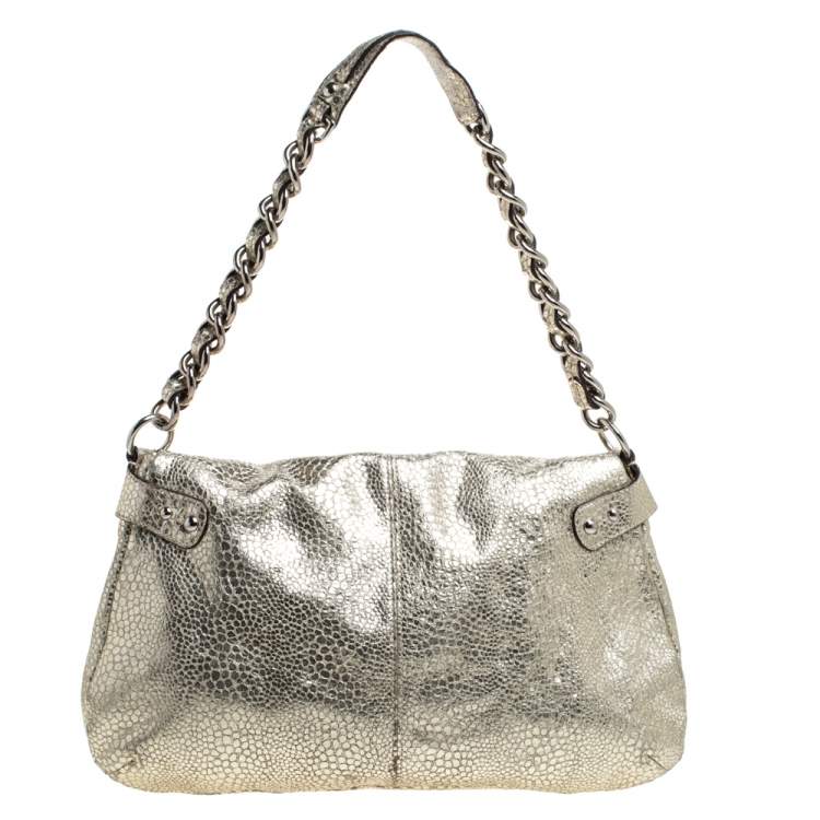 Pre Owned Coach Gold Textured Leather Frame Fold Over Hobo