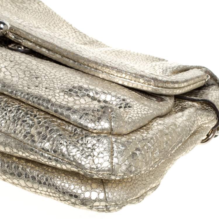 Pre Owned Coach Gold Textured Leather Frame Fold Over Hobo