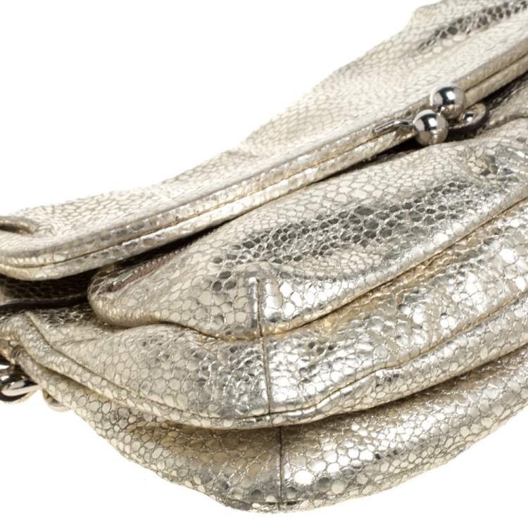 Pre Owned Coach Gold Textured Leather Frame Fold Over Hobo