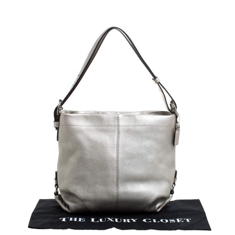 Pre Owned Coach Metallic Silver Leather Duffle Hobo