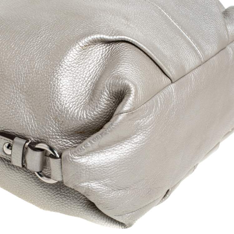 Pre Owned Coach Metallic Silver Leather Duffle Hobo