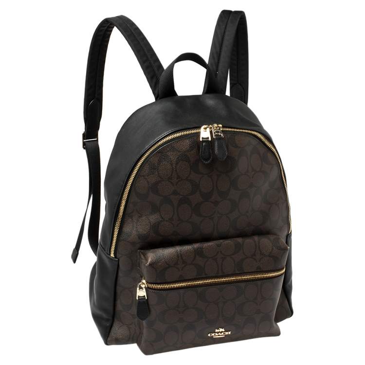 Pre Owned Coach Brown/Black Signature Coated Canvas and Leather Charlie Backpack