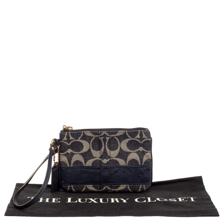 Pre Owned Coach Blue Signature Canvas and Patent Leather Wristlet Clutch