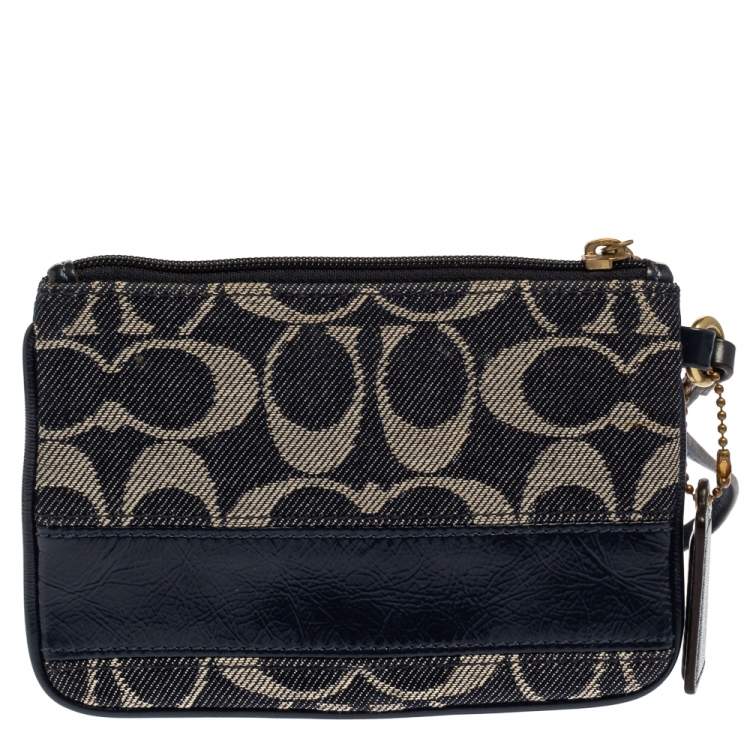 Pre Owned Coach Blue Signature Canvas and Patent Leather Wristlet Clutch