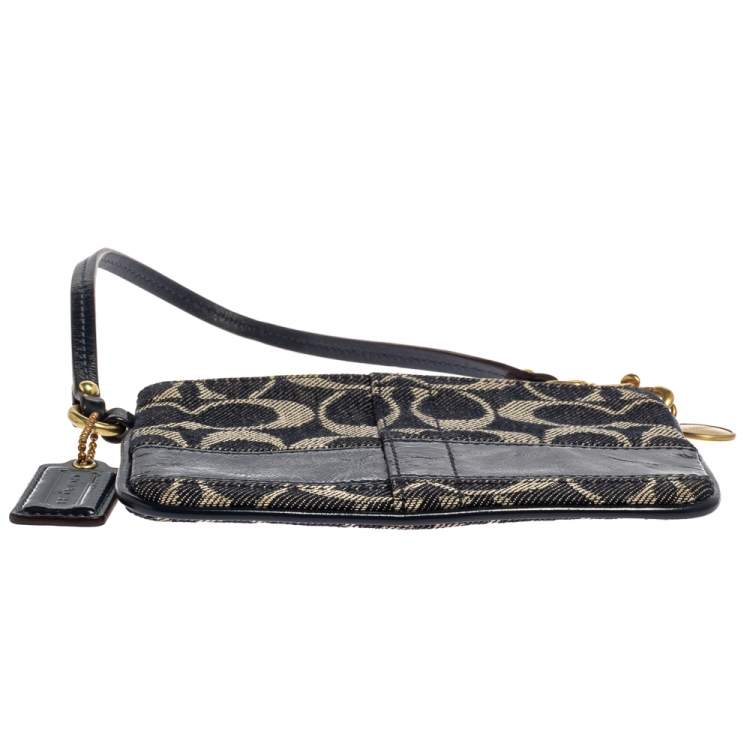 Pre Owned Coach Blue Signature Canvas and Patent Leather Wristlet Clutch