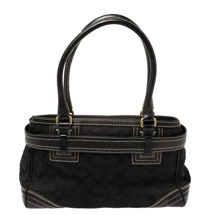 Pre Owned Coach Black Signature Canvas and Leather Hampton Tote