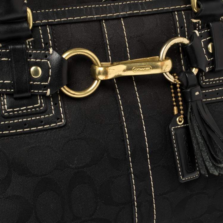 Pre Owned Coach Black Signature Canvas and Leather Hampton Tote