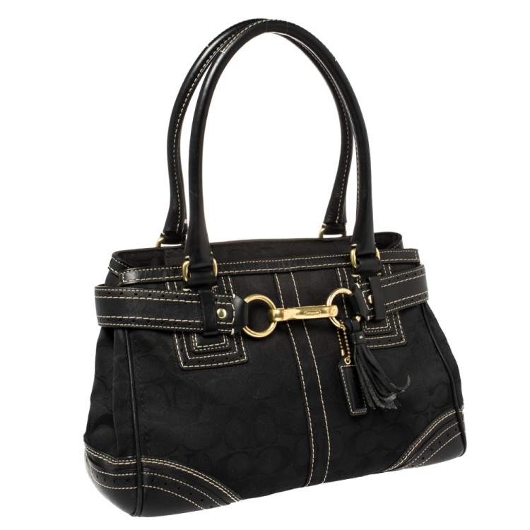 Pre Owned Coach Black Signature Canvas and Leather Hampton Tote