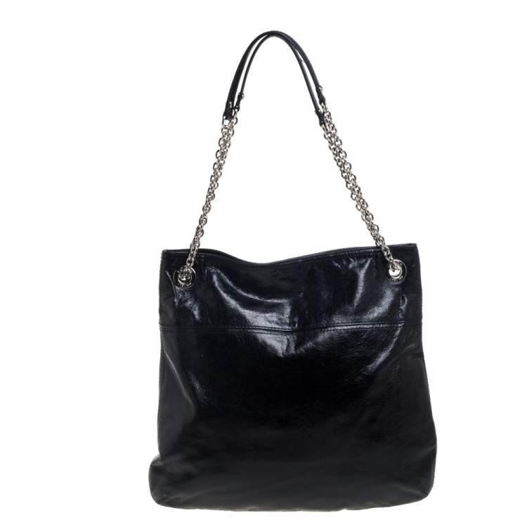 Pre Owned Coach Black Crackled Leather Chain Tote