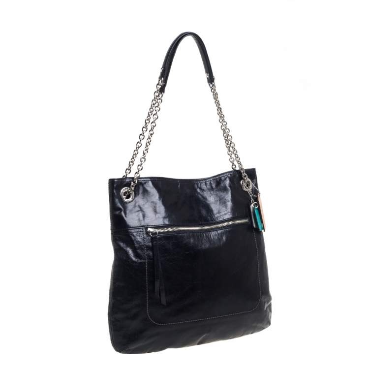 Pre Owned Coach Black Crackled Leather Chain Tote