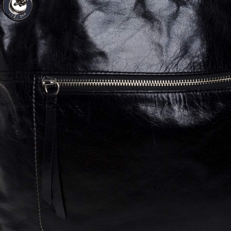 Pre Owned Coach Black Crackled Leather Chain Tote