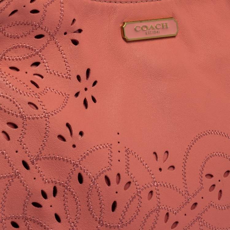 Pre Owned Coach Pink Leather Floral Laser Cut Hobo